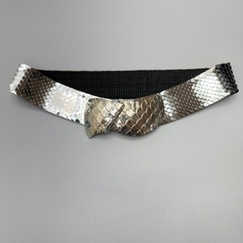 Vintage Womens Silver Tone Fish Scale Belt 24" Elastic Stretch Disco 80s Retro